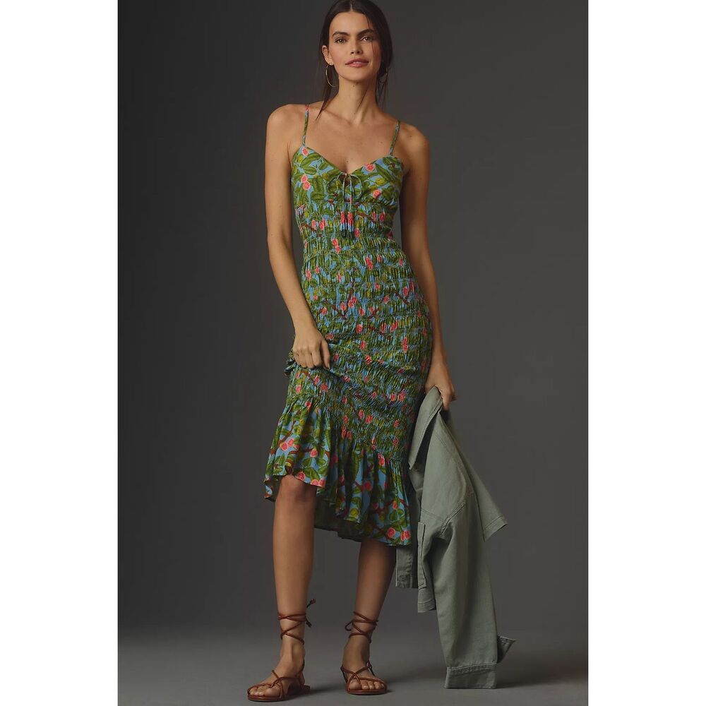 Anthropologie Green Floral Midi Dress